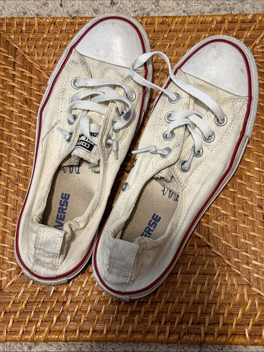 Converse Low-Top Canvas Sneakers in Cream with Red Trim